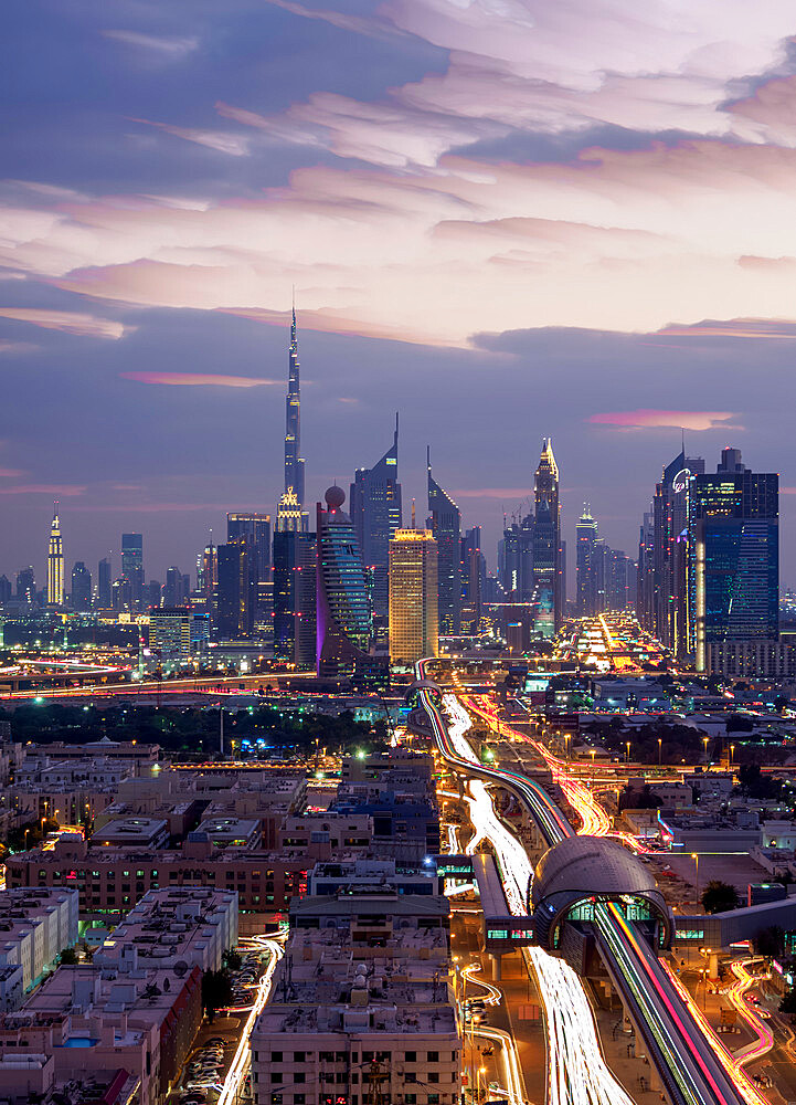 Financial Centre and Downtown at dusk, elevated view, Dubai, United Arab Emirates, Middle East