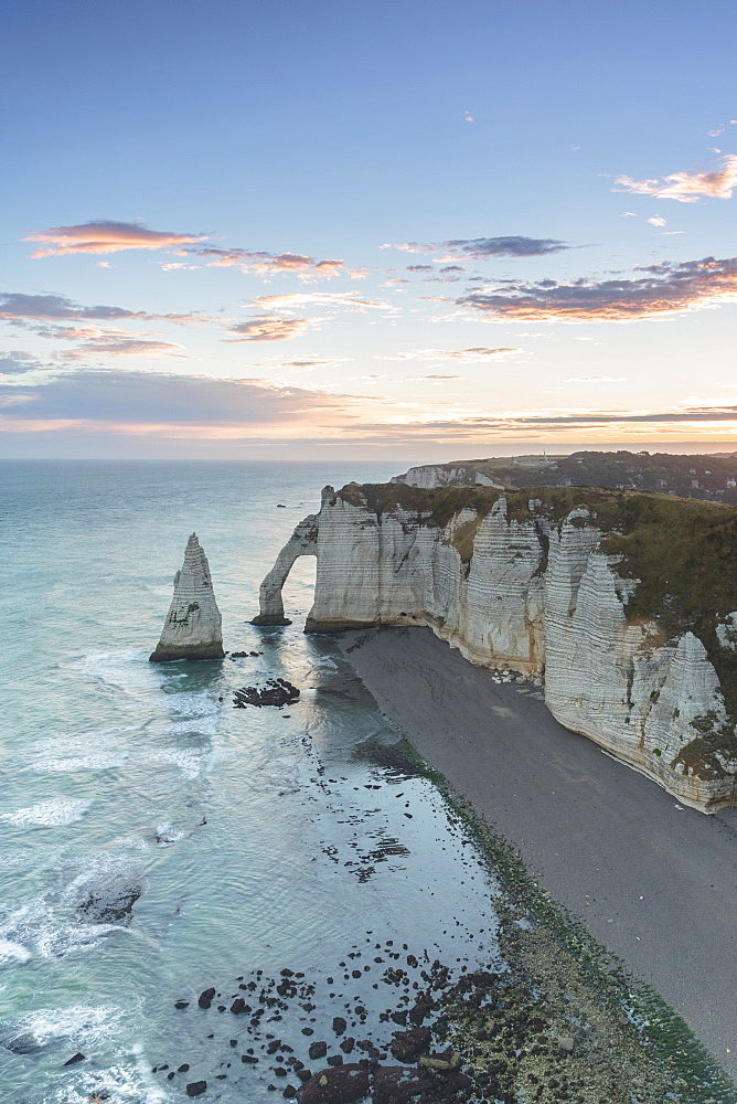 Dawn at the chalk cliffs, Etretat, Normandy, France, Europe