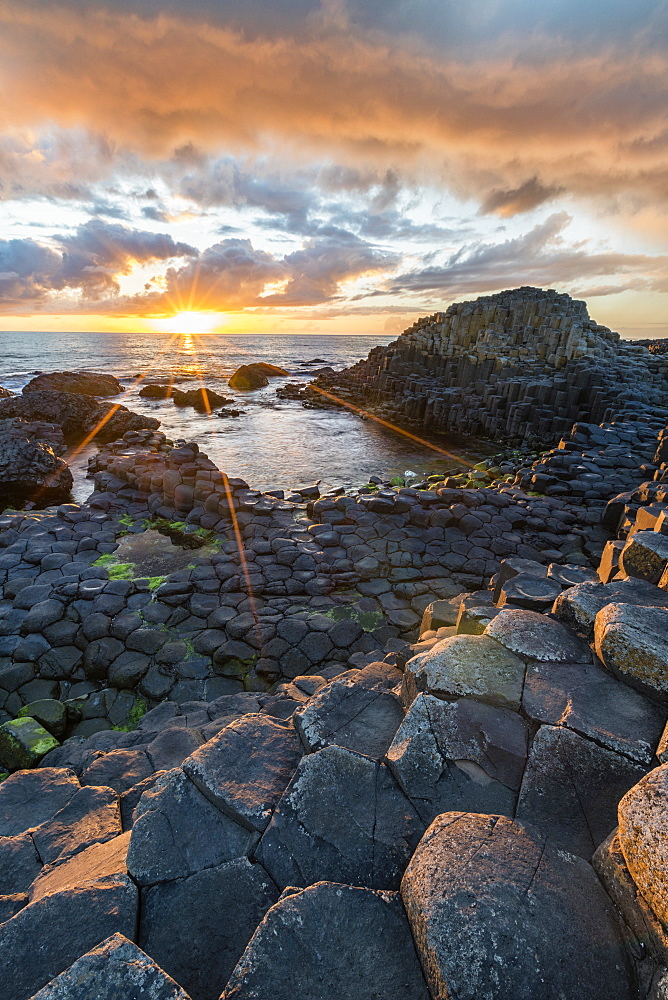 Giants Causeway at sunset, UNESCO World Heritage Site, County Antrim, Ulster, Northern Ireland, United Kingdom, Europe