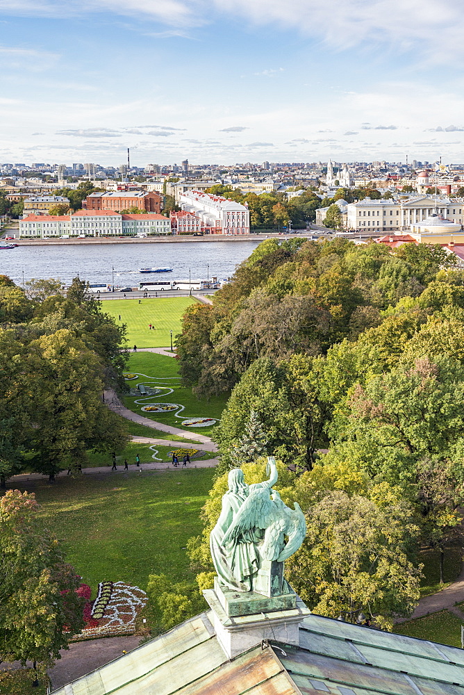 Statue on roof of St. Isaac's Cathedral by Alexander Garden in St. Petersburg, Russia, Europe