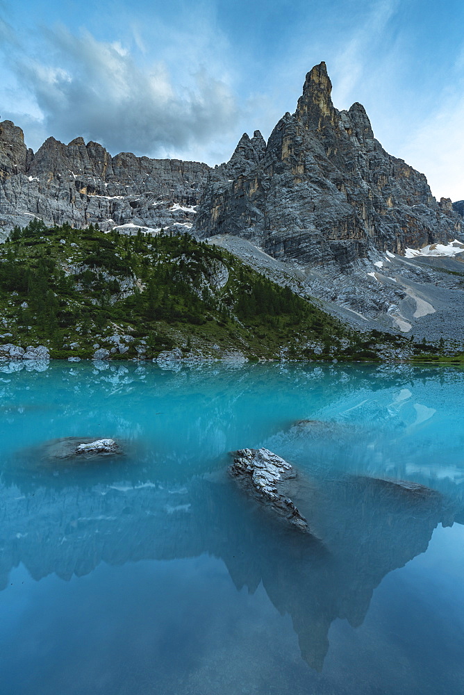 Sorapis mountain group above Lake Sorapis in Cortina d'Ampezzo, Italy, Europe