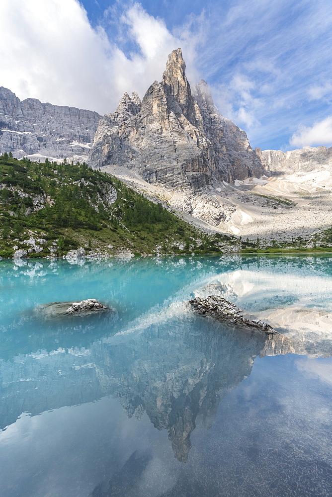 Sorapis mountain group above Lake Sorapis in Cortina d'Ampezzo, Italy, Europe