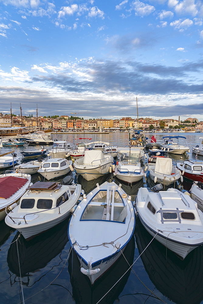 Boats at the harbour with the old town in the background, Rovinj, Istria county, Croatia, Europe