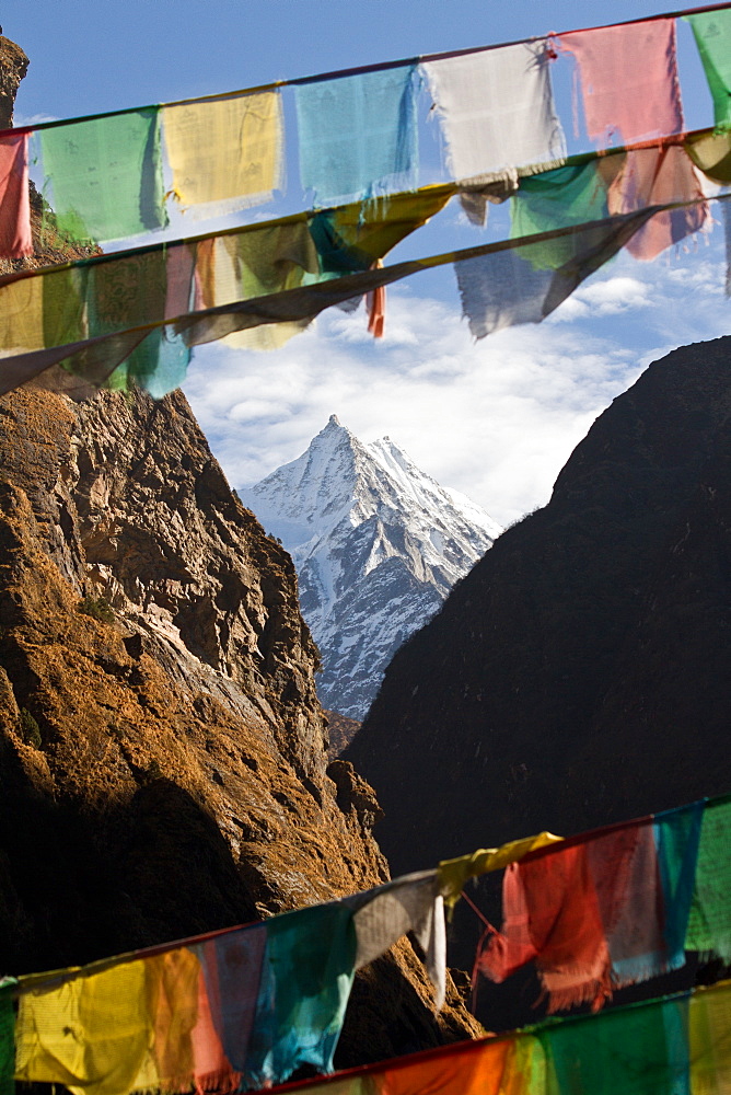 Mountain and prayer flags of Southern Tibet, Himalayas, China, Asia