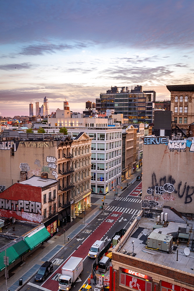 Sunrise over the Soho district of New York City looking towards the development of Hudson Yards skyscrapers, New York, United States of America, North America