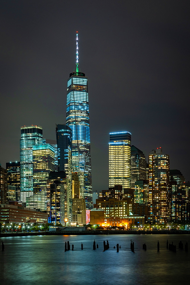 A long exposure of the lights of Lower Manhattan during the evening blue hour, New York, United States of America, North America