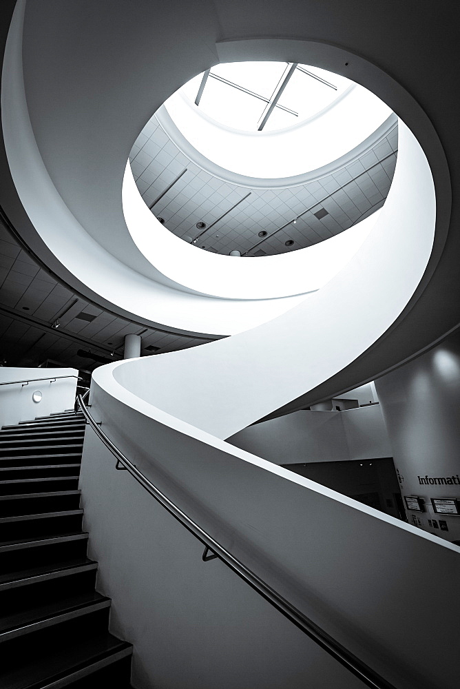 The spiral staircase in the Museum of Liverpool that forms part of the famous waterfront along the River Mersey, Liverpool, Merseyside, England, United Kingdom, Europe