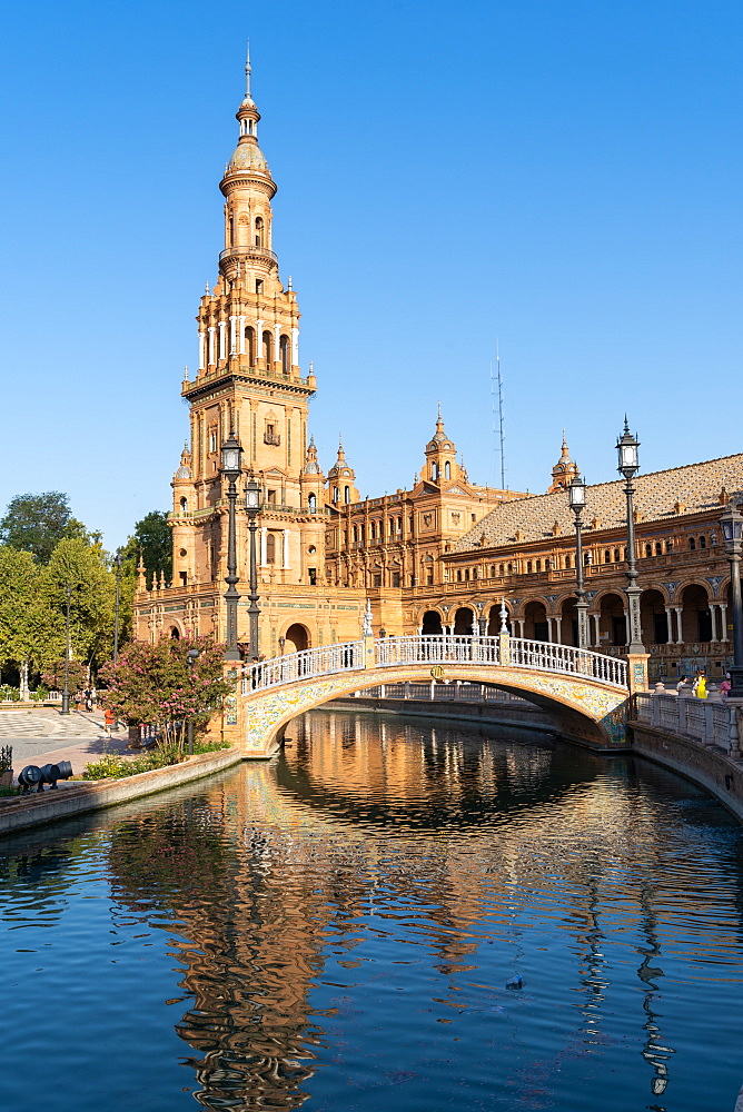 The North Tower of Plaza de Espana, Parque de Maria Luisa, Seville, Andalusia, Spain, Europe