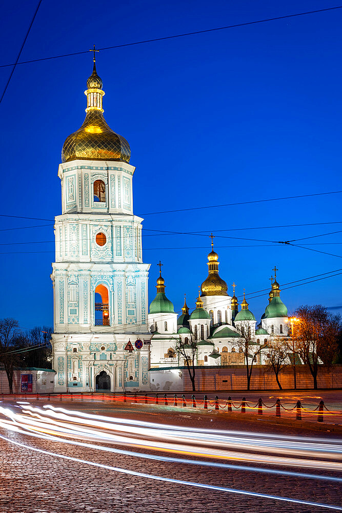 St. Sophia Cathedral and Sophia Square during blue hour in Kyiv (Kiev), Ukraine, Europe