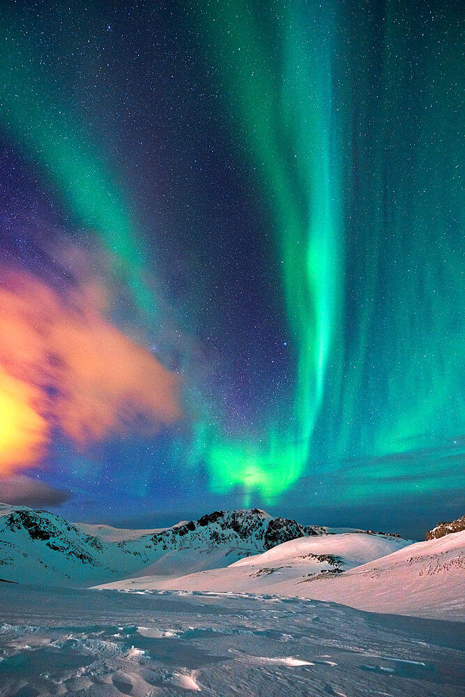 Aurora Borealis (Northern Lights) over the mountains, Finnmark, Norway, Scandinavia, Europe