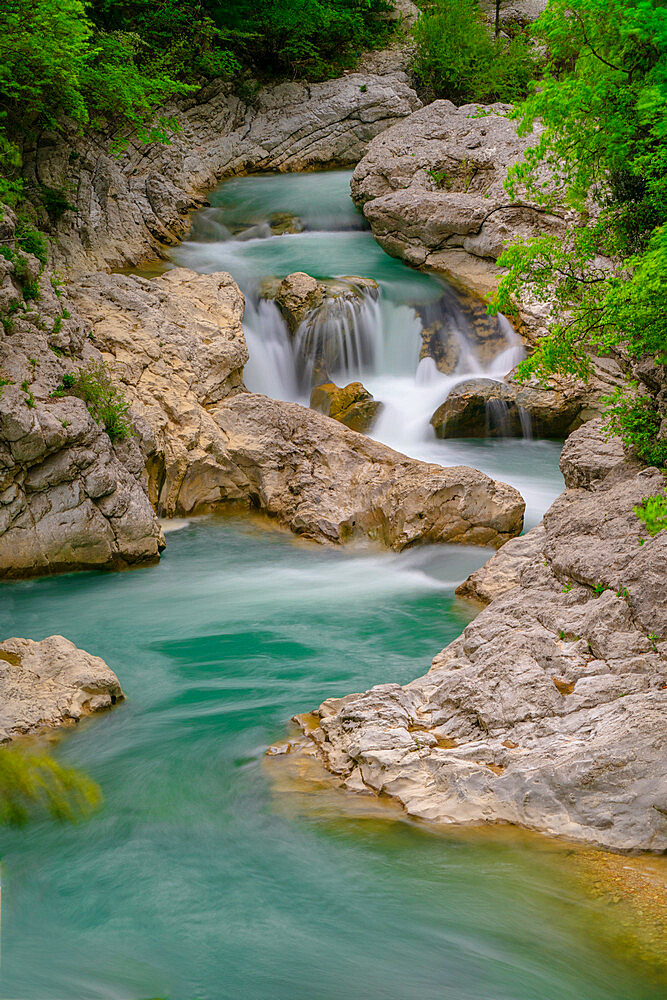 Waterfall on river Burano in summer, Apennines, Marche, Italy, Europe