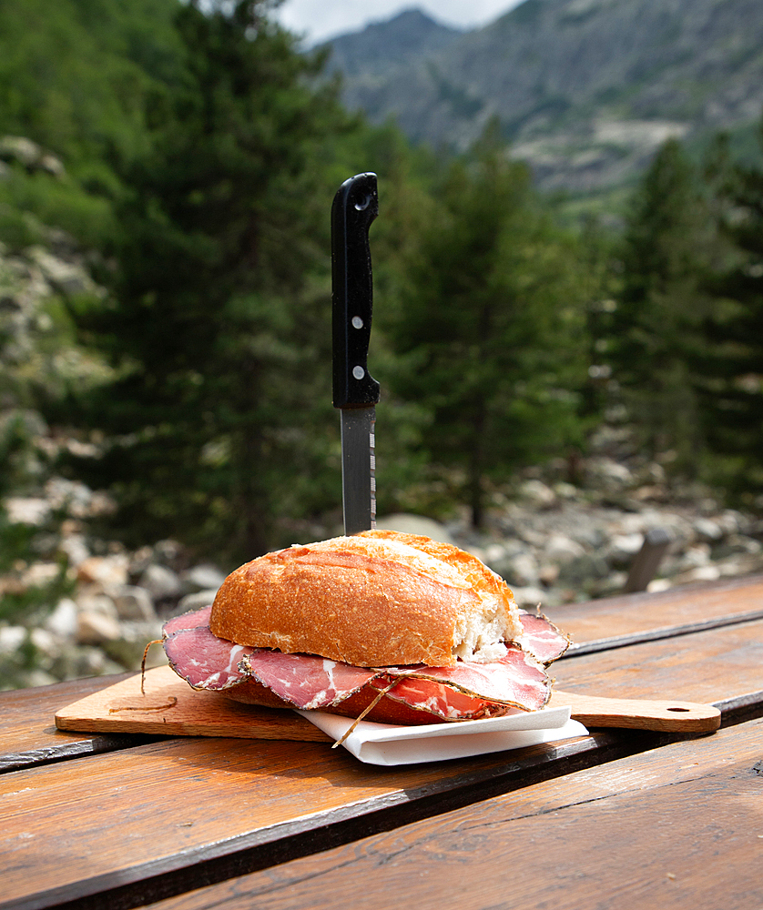 Big sandwich on wooden table in the mountains, France