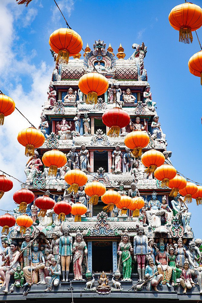 SINGAPORE, SINGAPORE - MARCH 2019: The roof of a Sri Mahamariamman hindu temple