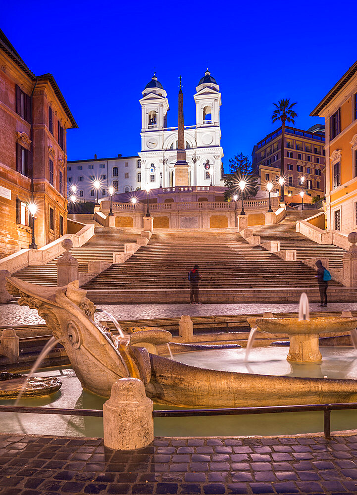 Fountain Fontana della Barcaccia at Piazza di Spagna at Spanish Steps with church of Santissima Trinita dei Monti, Rome, Lazio, Italy, Europe