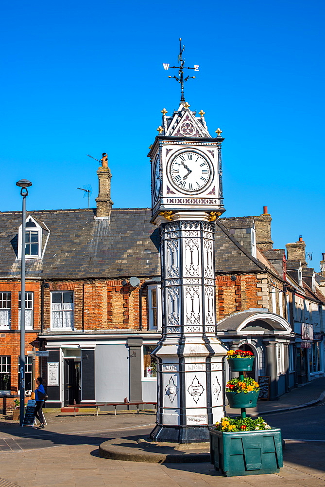 Ornate old clock by James Scott in town square, Downham Market, Norfolk, England, United Kingdom, Europe