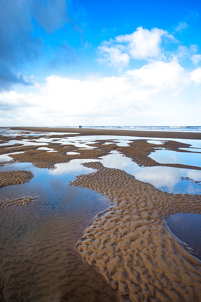 Water pool patterns at low tide on Burnham Overy Staithe beach on Holkham Bay, North Norfolk coast, Norfolk, East Anglia, England, United Kingdom, Europe