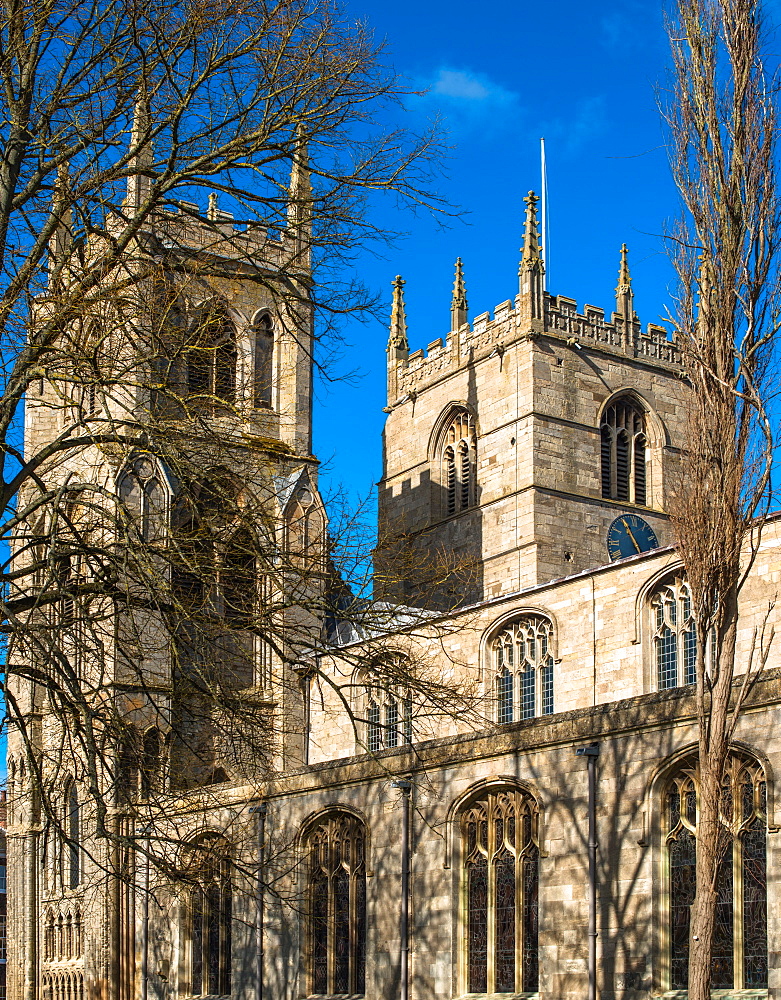 The twin spires of St. Margaret's Church also known as King's Lynn Minster, Kings Lynn, Norfolk, East Anglia, England, United Kingdom, Europe