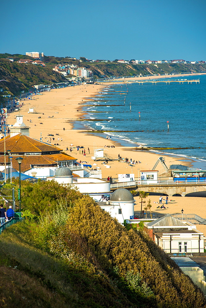 Elevated views of Bournemouth beach from the clifftops, Dorset, England, United Kingdom, Europe