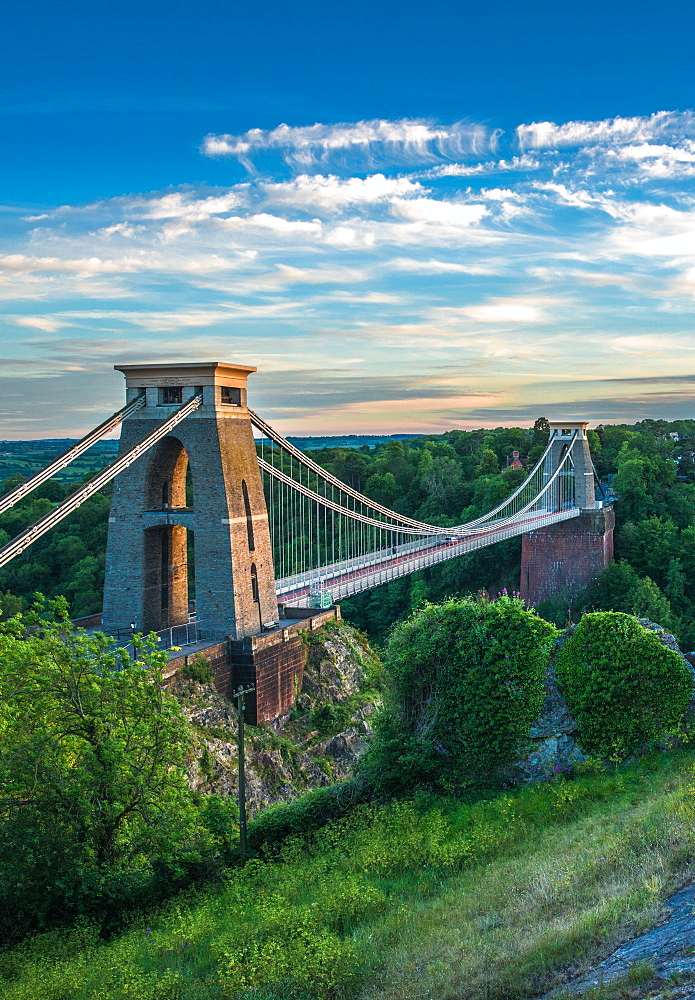 Historic Clifton Suspension Bridge by Isambard Kingdom Brunel spans the Avon Gorge with River Avon below, Bristol, England, United Kingdom, Europe