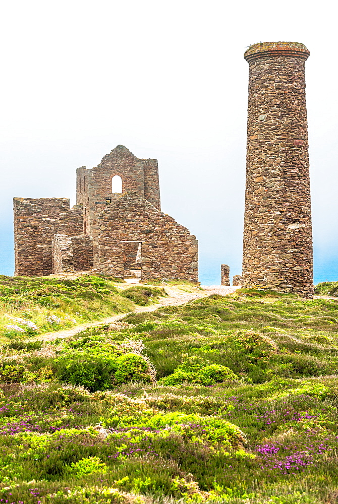 Wheal Coates Tin Mine on a foggy day, UNESCO World Heritage Site, on the Cornish coast near St. Agnes, Cornwall, England, United Kingdom, Europe