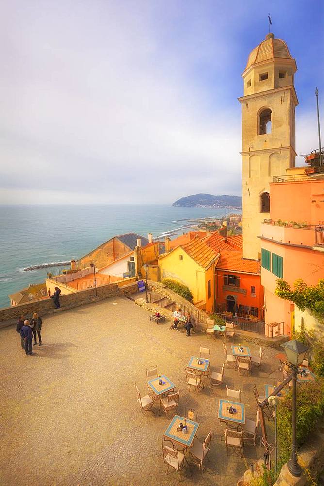 Main square with the bell tower of Cervo, Imperia Province, Liguria, Italy, Europe