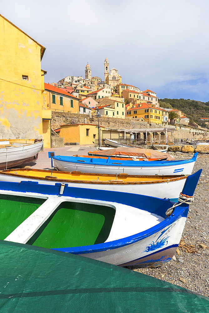 Colourful boats on the beach of Cervo, Imperia province, Liguria, Italy, Europe