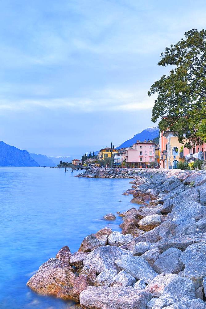 Soft lights at dusk at the village of Macugnano, Brenzone sul Garda, Lake Garda, Verona Province, Veneto, Italian Lakes, Italy, Europe