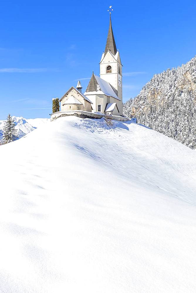 Typical church of Davos Wiesen in winter, Albula Valley, District of Prattigau/Davos, Canton of Graubunden, Switzerland, Europe