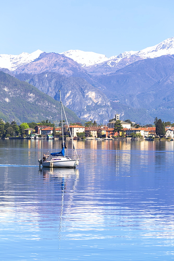 Sailboat on the lake in front Mandello del Lario, Province of Lecco, Lake Como, Italian Lakes, Lombardy, Italy, Europe