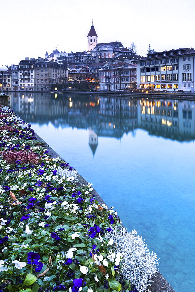 The church reflected in the Aare River, Thun, Canton of Bern, Switzerland, Europe