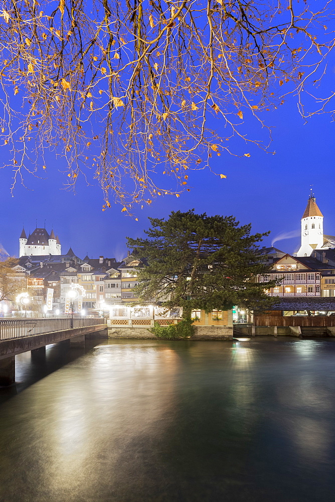 Historical centre at dusk, Thun, Canton of Bern, Switzerland, Europe