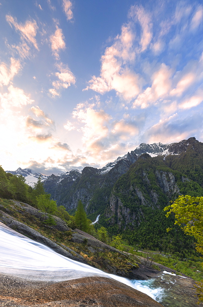 Sunrise at the waterfall of Ferro Valley, Val di Mello, Valmalenco, Valtellina, Lombardy, Italy, Europe