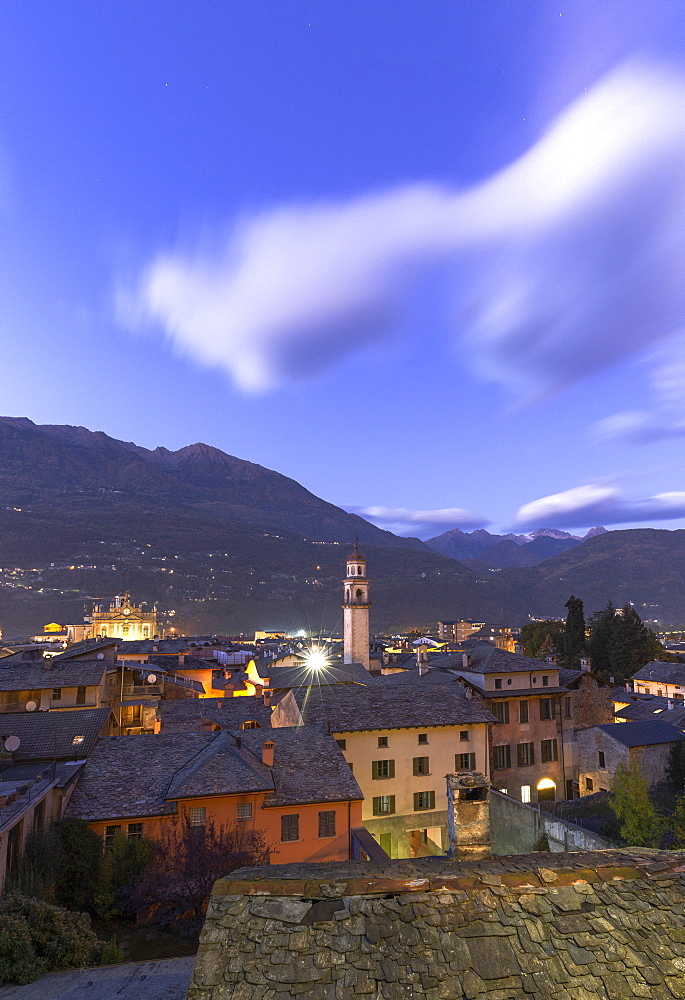 City of Morbegno at dusk, Valtellina, Lombardy, Italy, Europe