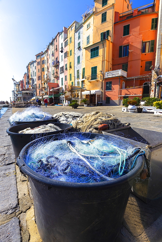 Fishing nets with typical houses in the background, Porto Venere, Cinque Terre, UNESCO World Heritage Site, Liguria, Italy, Europe