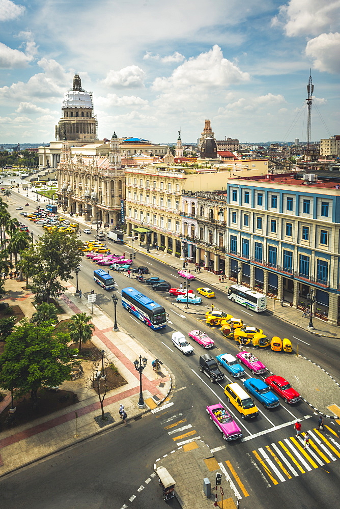 Aerial view the Gran Teatro de La Habana and El Capitolio and colourful old driving, Havana, Cuba, West Indies, Caribbean