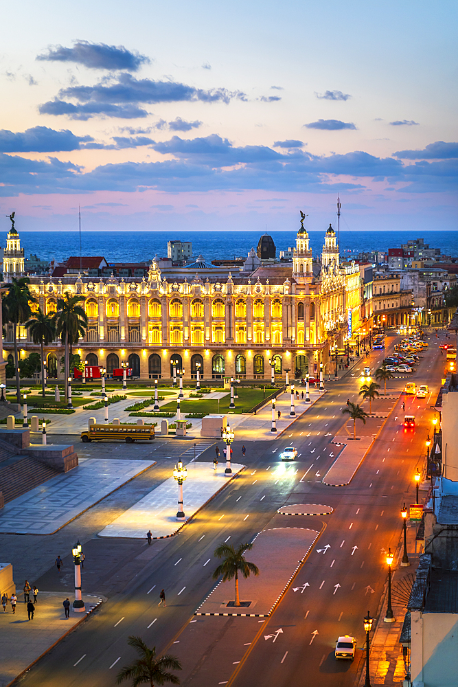 Aerial view the Gran Teatro de La Habana and El Capitolio at dusk, UNESCO World Heritage Site, Havana, Cuba, West Indies, Caribbean, Central America