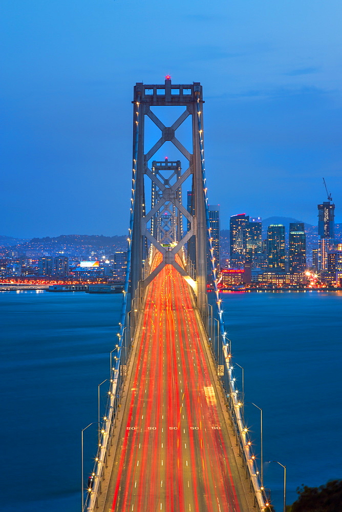 View of San Francisco skyline and Oakland Bay Bridge from Treasure Island at dusk, San Francisco, California, United States of America, North America