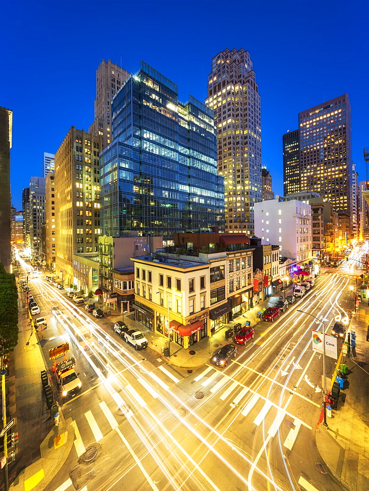 Busy Pine and Kearny Street at night, San Francisco Financial District, California, United States of America, North America