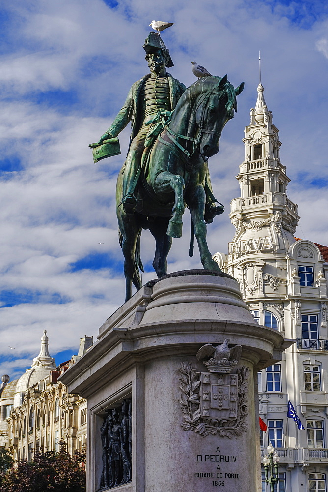 Equestrian bronze statue monument to King Peter IV at main square (Praca da Liberdade), Porto, Portugal, Europe