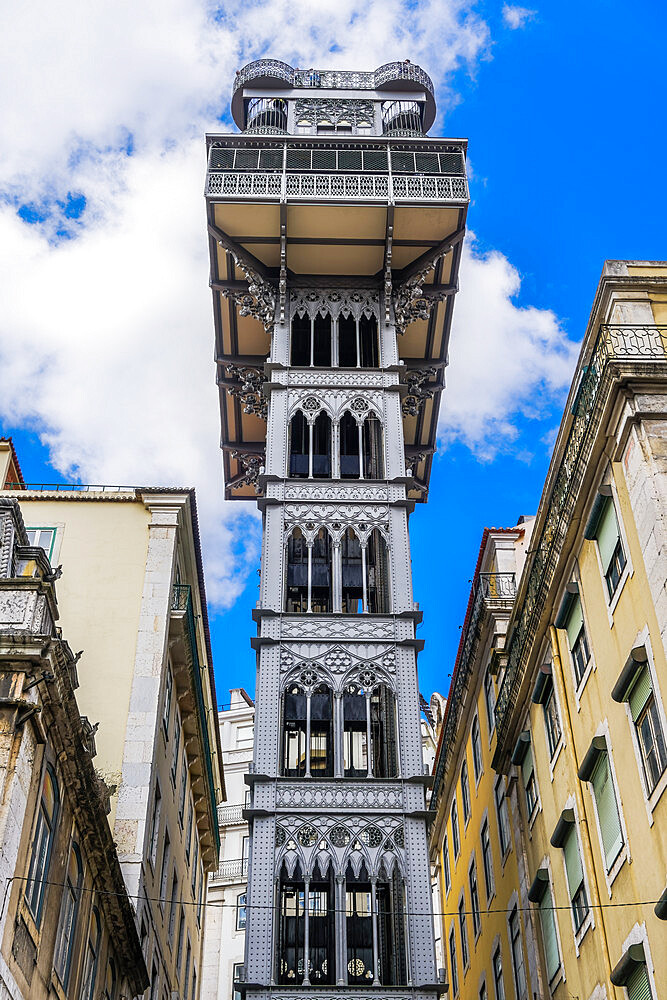 Low angle day view of iconic Santa Justa Lift (Elevador de Santa Justa), a 1902 cast-iron elevator, Lisbon, Portugal, Europe