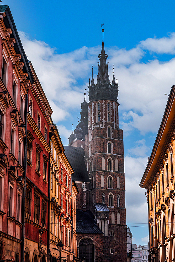 Day view of the Gothic watchtower of Saint Mary Roman Catholic Basilica along Florianska Street, UNESCO World Heritage Site, Krakow, Poland, Europe