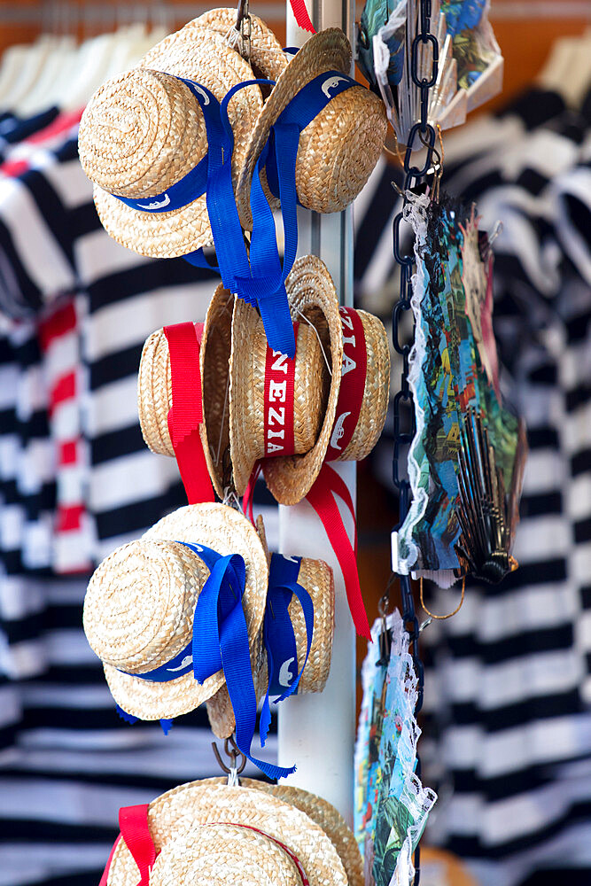 Venetian hats and striped Gondolier top for sale, Venice, Veneto, Italy, Europe