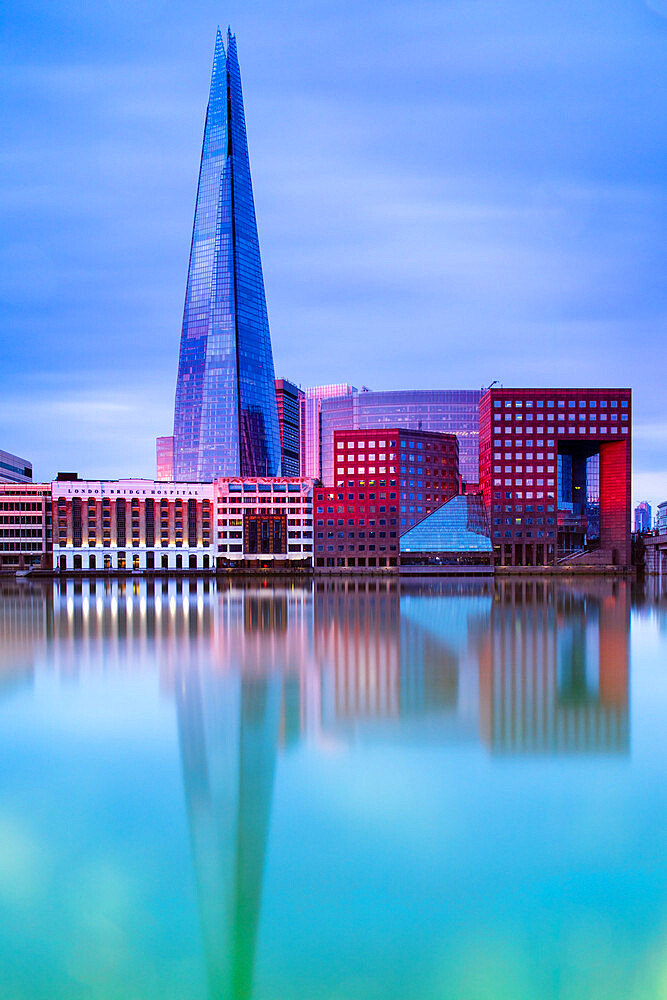 The Shard reflecting in the River Thames at sunrise, London, England, United Kingdom, Europe