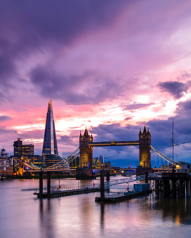 Tower Bridge and The Shard at sunset, London, England, United Kingdom, Europe