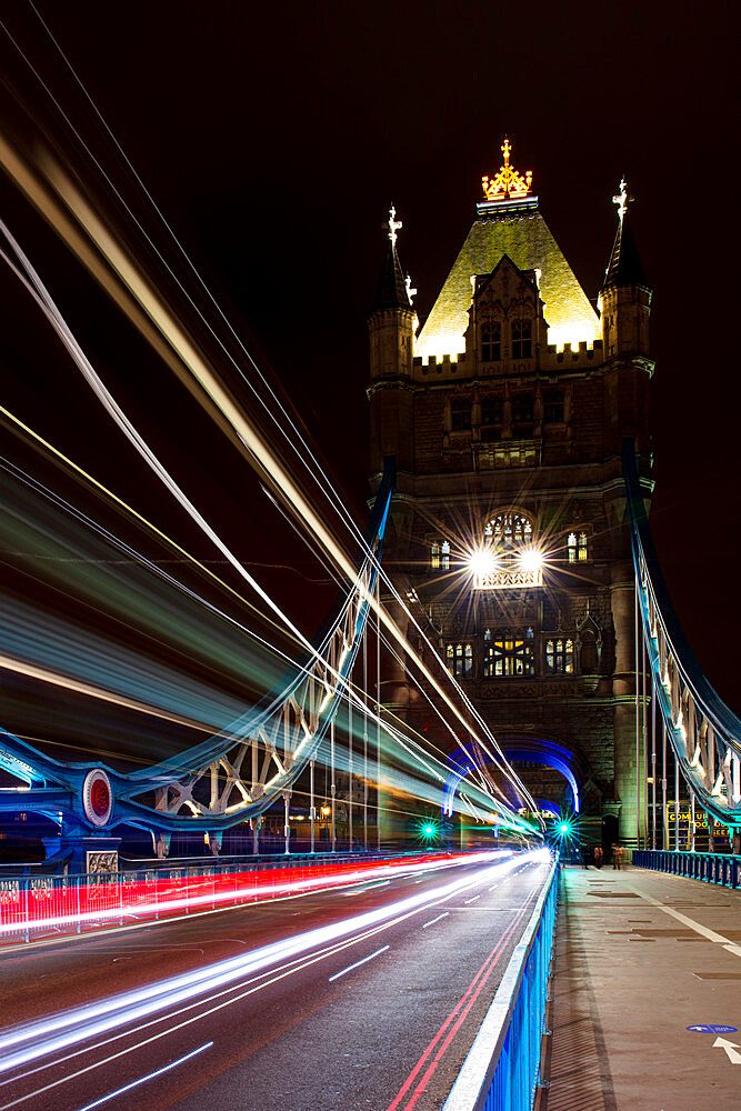 Tower Bridge at night, with light trails, London, England, United Kingdom, Europe