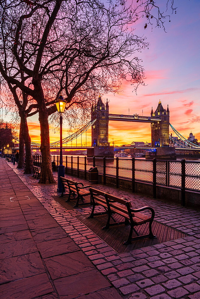 Sunrise view of Tower Bridge from Tower Wharf, Tower of London, London, England, United Kingdom, Europe