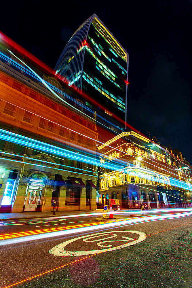 Walkie Talkie Building (20 Fenchurch Street) with light trails at night, City of London, London, England, United Kingdom, Europe