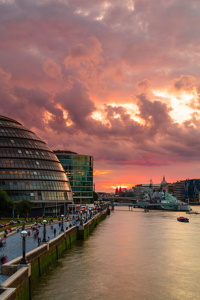 HMS Belfast and More London Place at sunset, London, England, United Kingdom, Europe