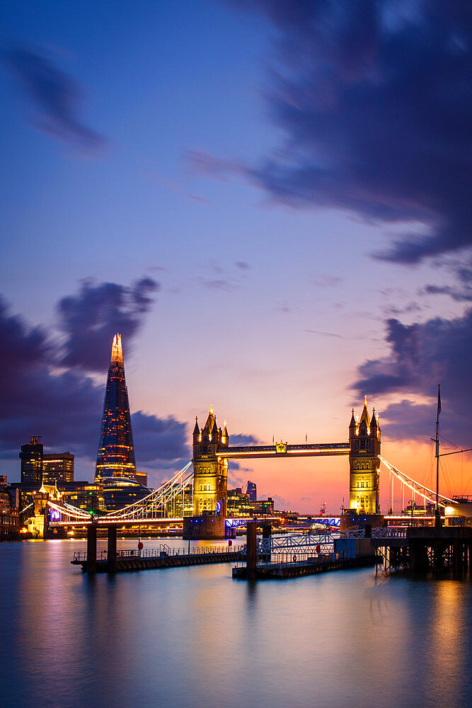 Tower Bridge and The Shard at sunset taken from Wapping, London, England, United Kingdom, Europe