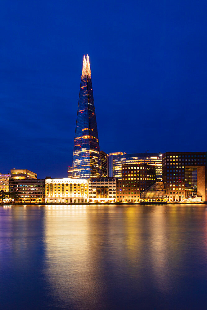 The Shard reflecting in the River Thames before sunrise, London, England, United Kingdom, Europe